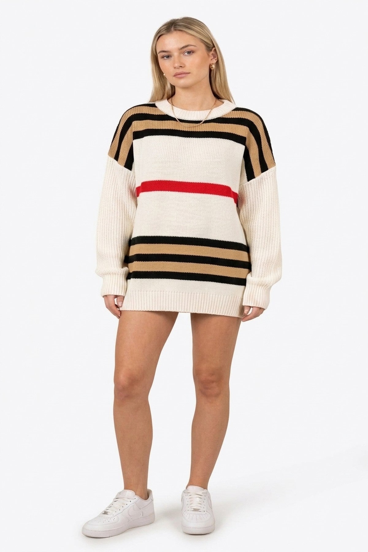 Ava Oversized Striped Long Sleeve Knitted Jumper - White