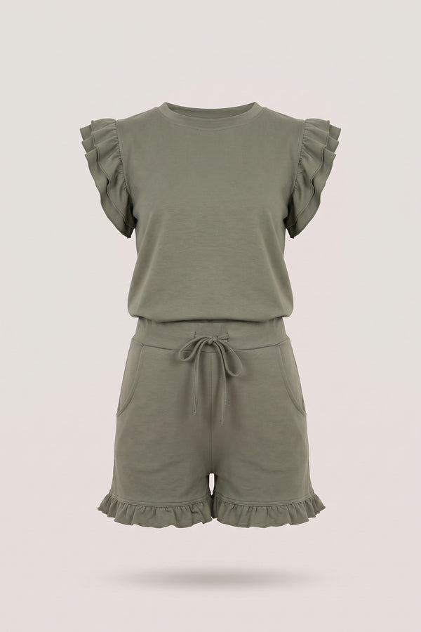 Avie Plain Frill Peplum Sleeve Top Shorts Co-ord Set - Khaki