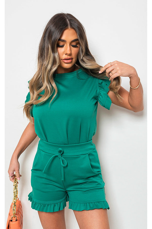 Avie Plain Frill Peplum Sleeve Top Shorts Co-ord Set - Green