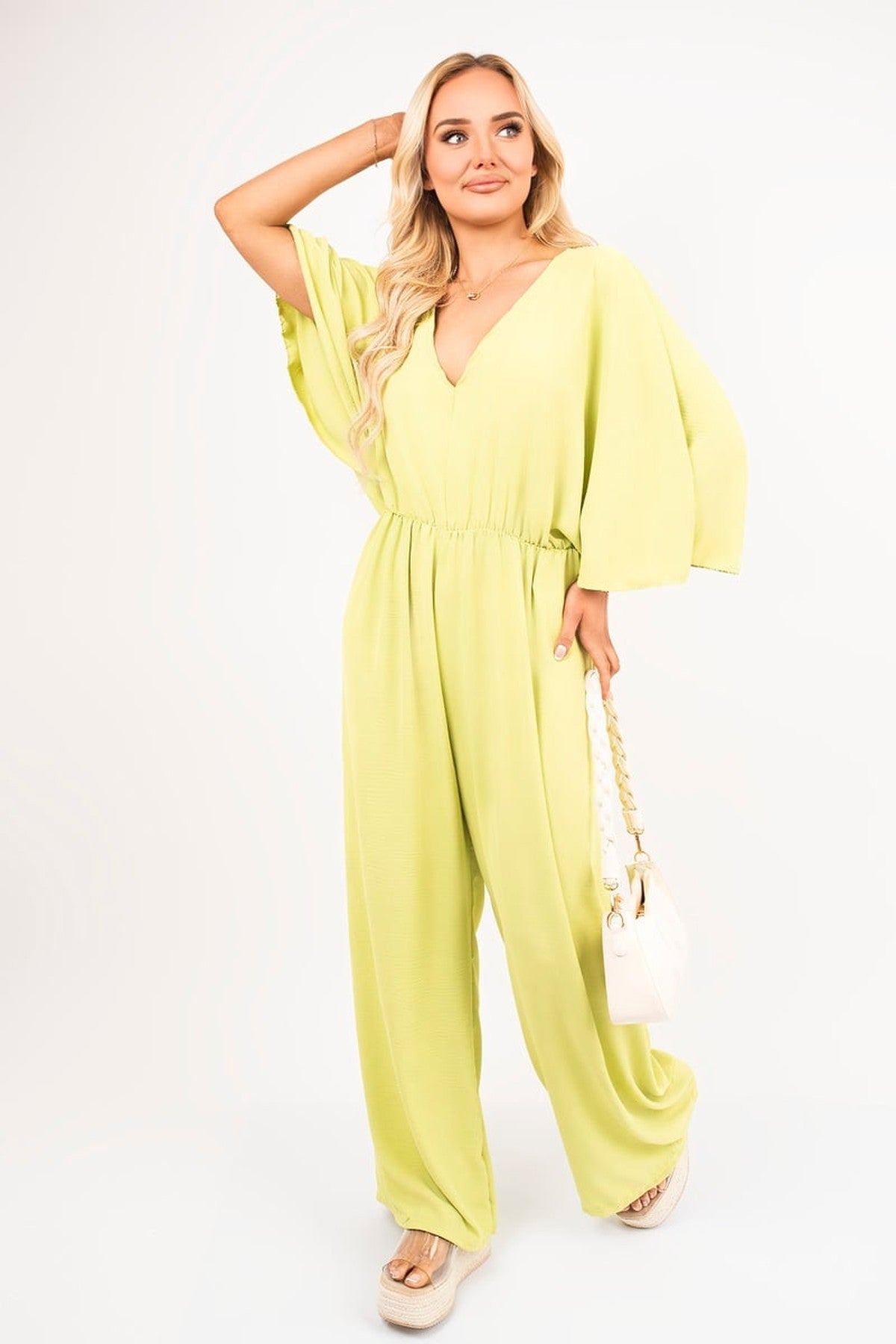 Maysa Wide Leg V Neck Jumpsuit With Back Tie Detail - Avocado