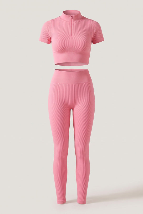 Ayah Ribbed Half Zip Crop Top And High Waist Leggings Co-ord Set - Pink