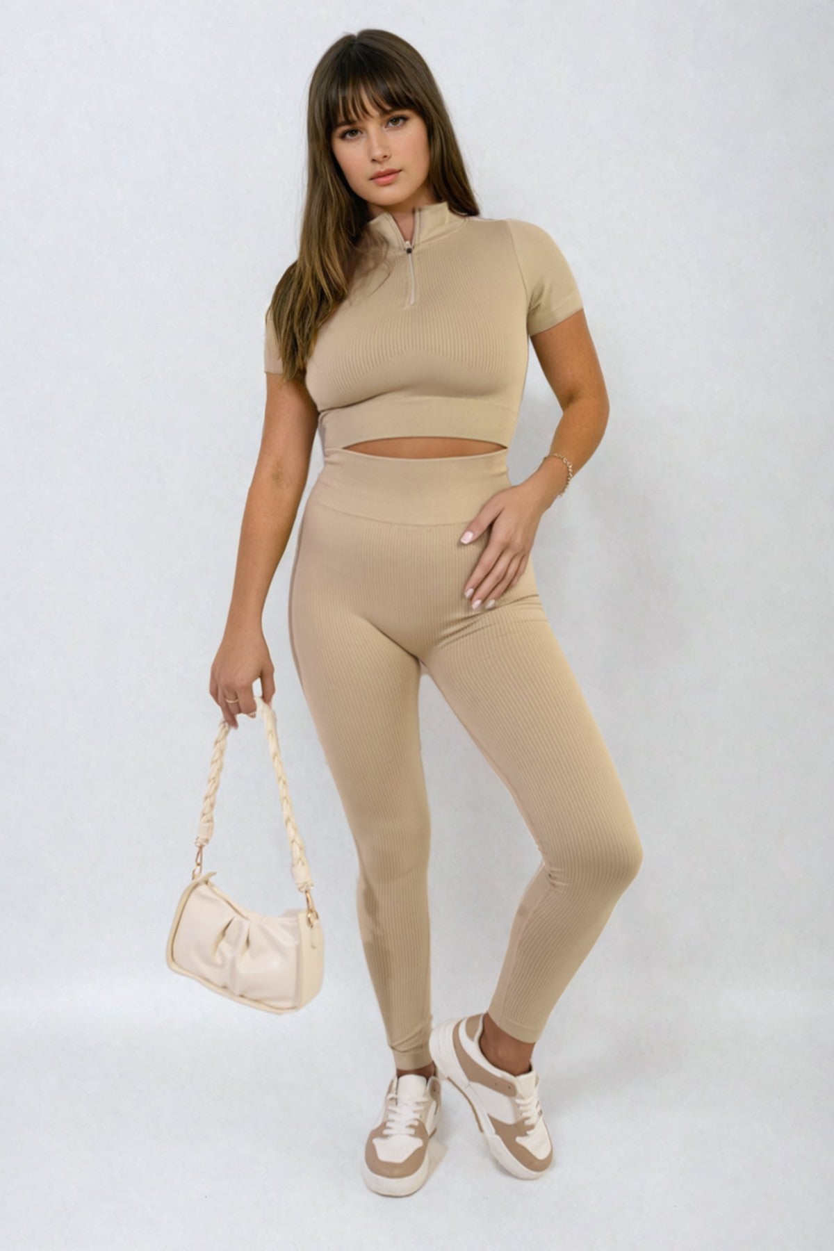 Ayah Ribbed Half Zip Crop Top And High Waist Leggings Co-ord Set - Beige