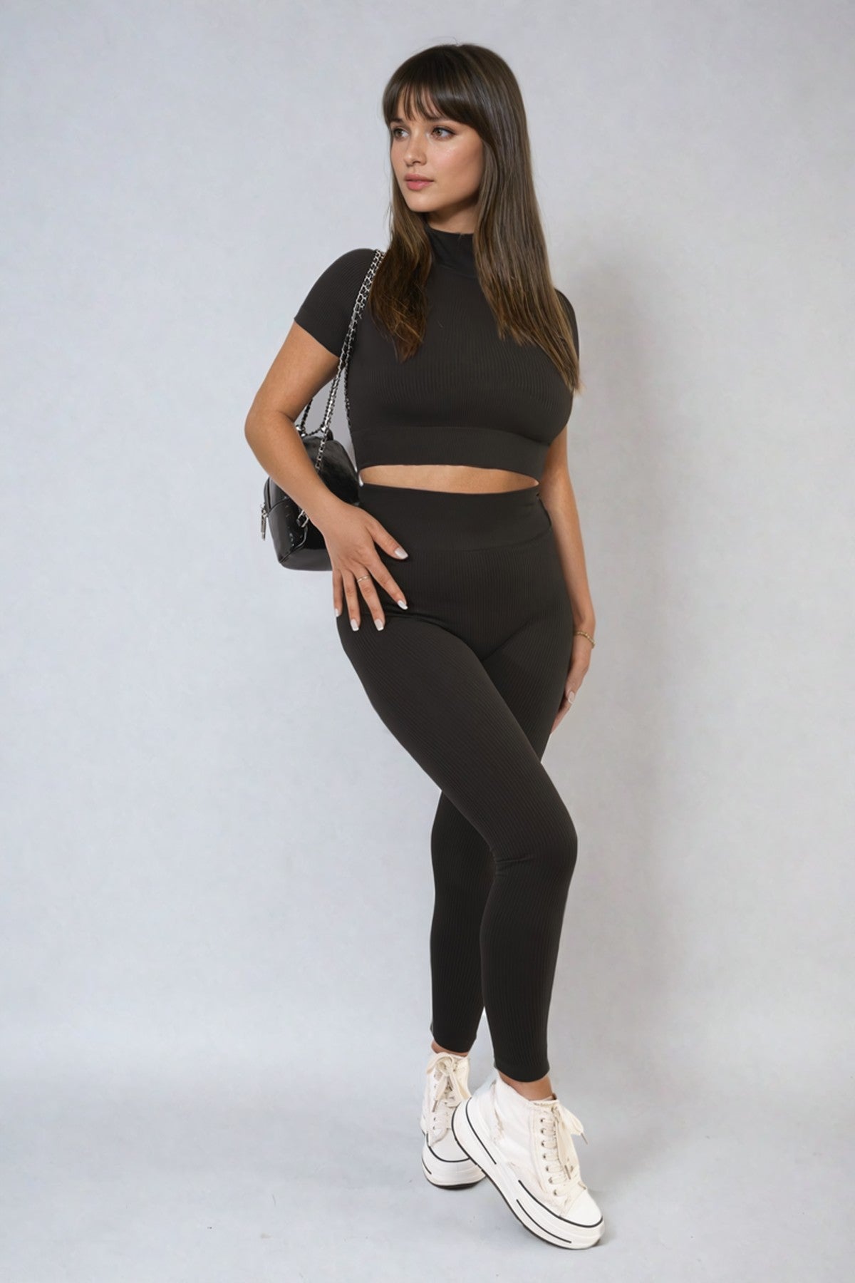Ayah Ribbed Half Zip Crop Top And High Waist Leggings Co-ord Set - Black