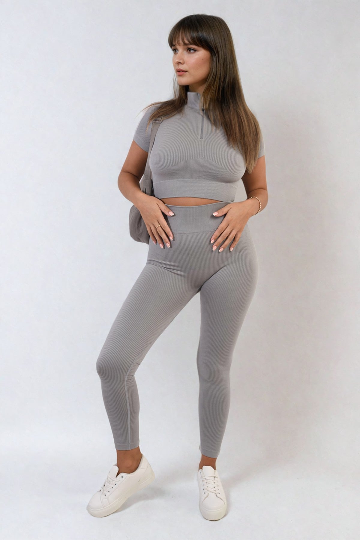 Ayah Ribbed Half Zip Crop Top And High Waist Leggings Co-ord Set - Grey