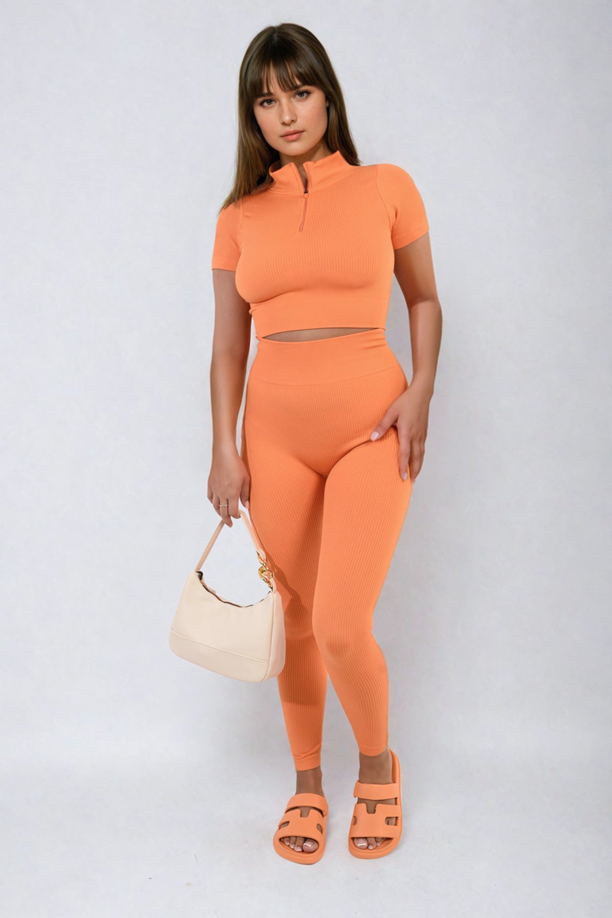 Ayah Ribbed Half Zip Crop Top And High Waist Leggings Co-ord Set - Orange