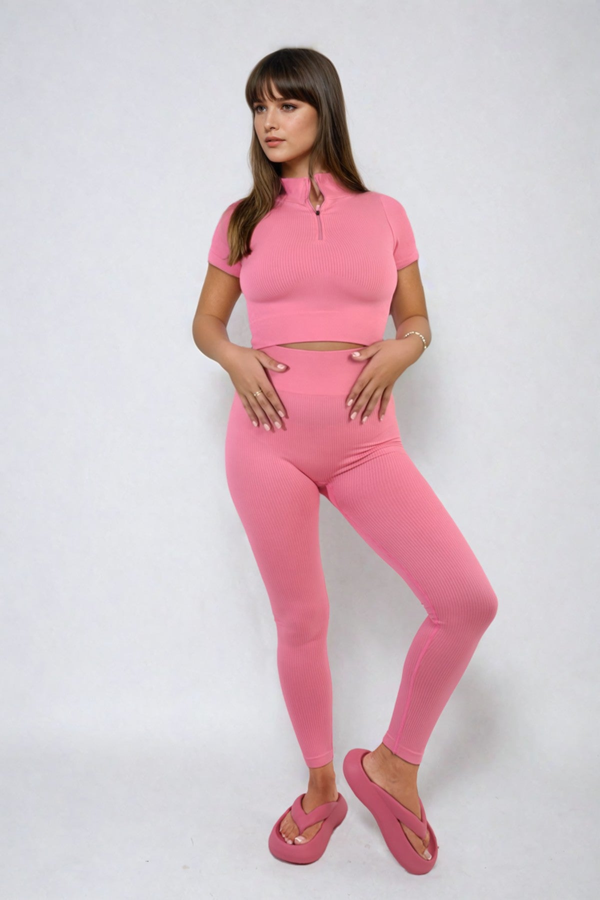 Ayah Ribbed Half Zip Crop Top And High Waist Leggings Co-ord Set - Pink