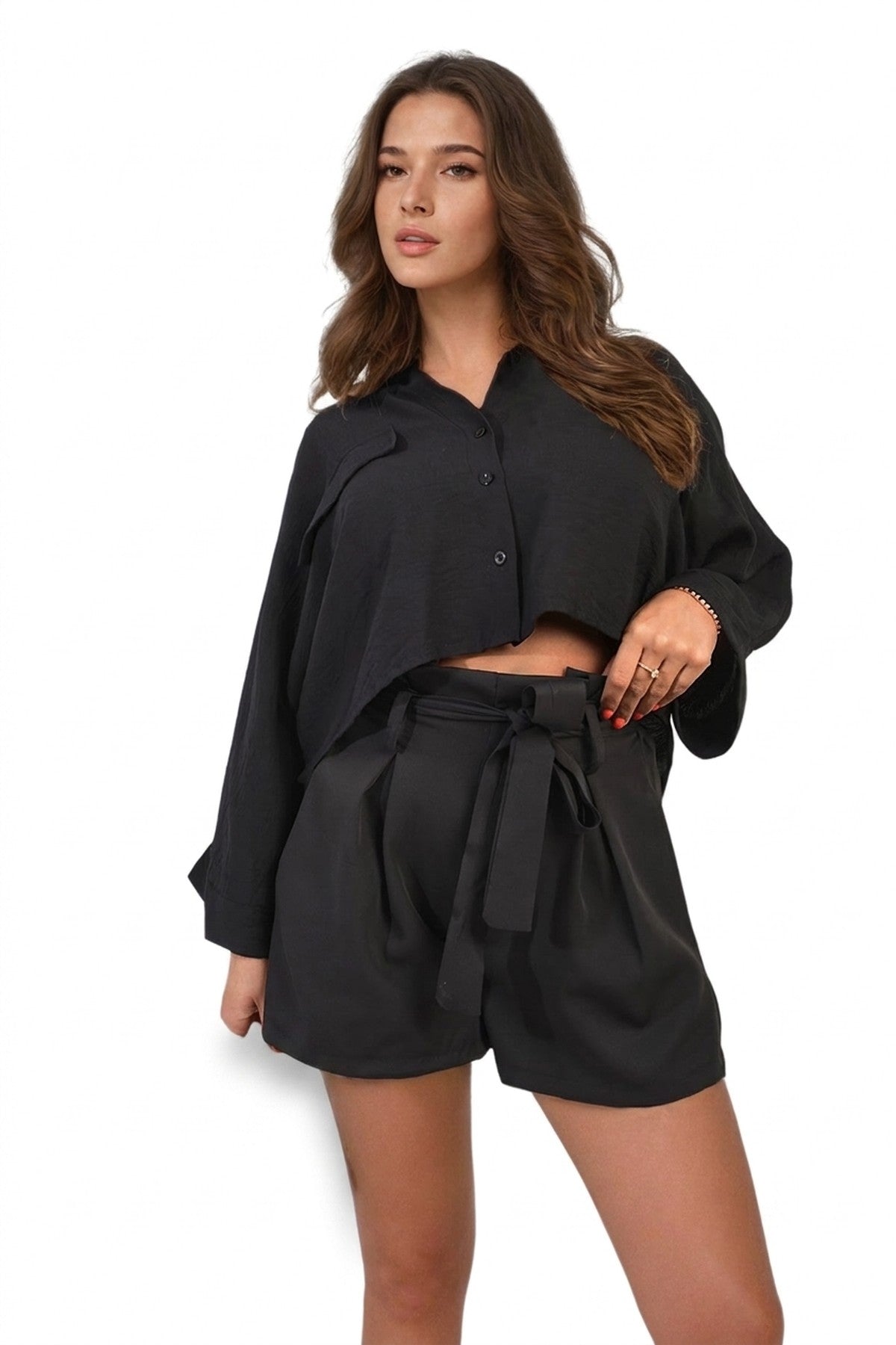 Azalea High Waist Tie Belt Paper Bag Shorts - Black