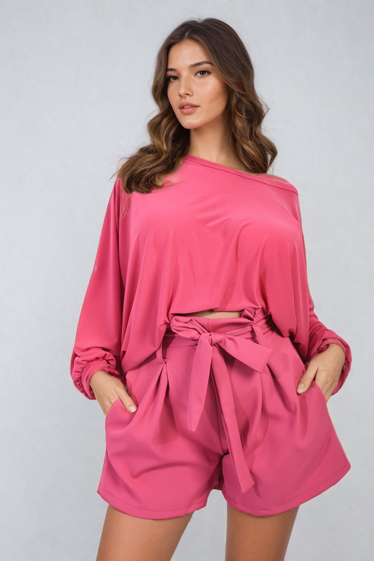 Azalea High Waist Tie Belt Paper Bag Shorts - Fuschia