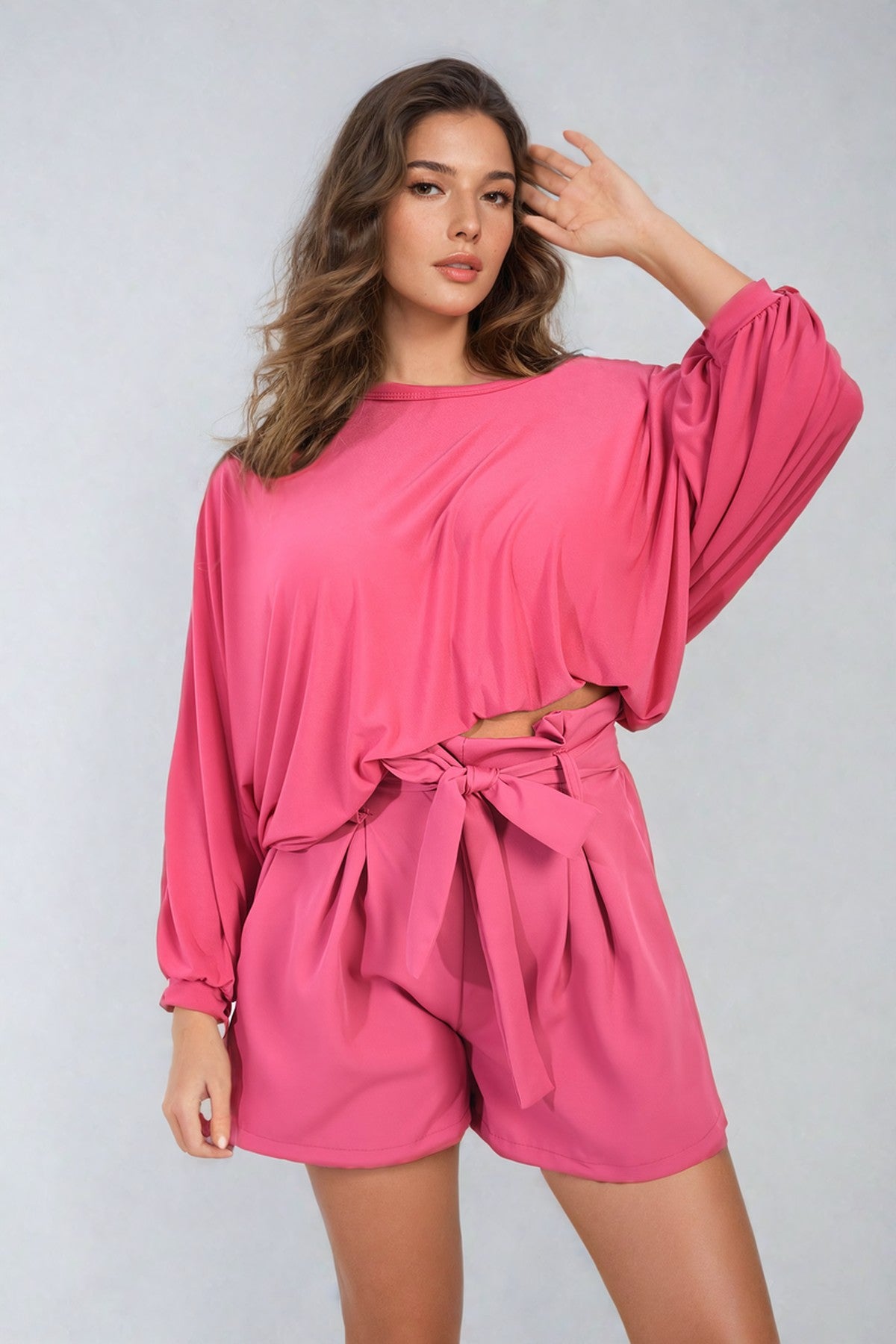 Azalea High Waist Tie Belt Paper Bag Shorts - Fuschia