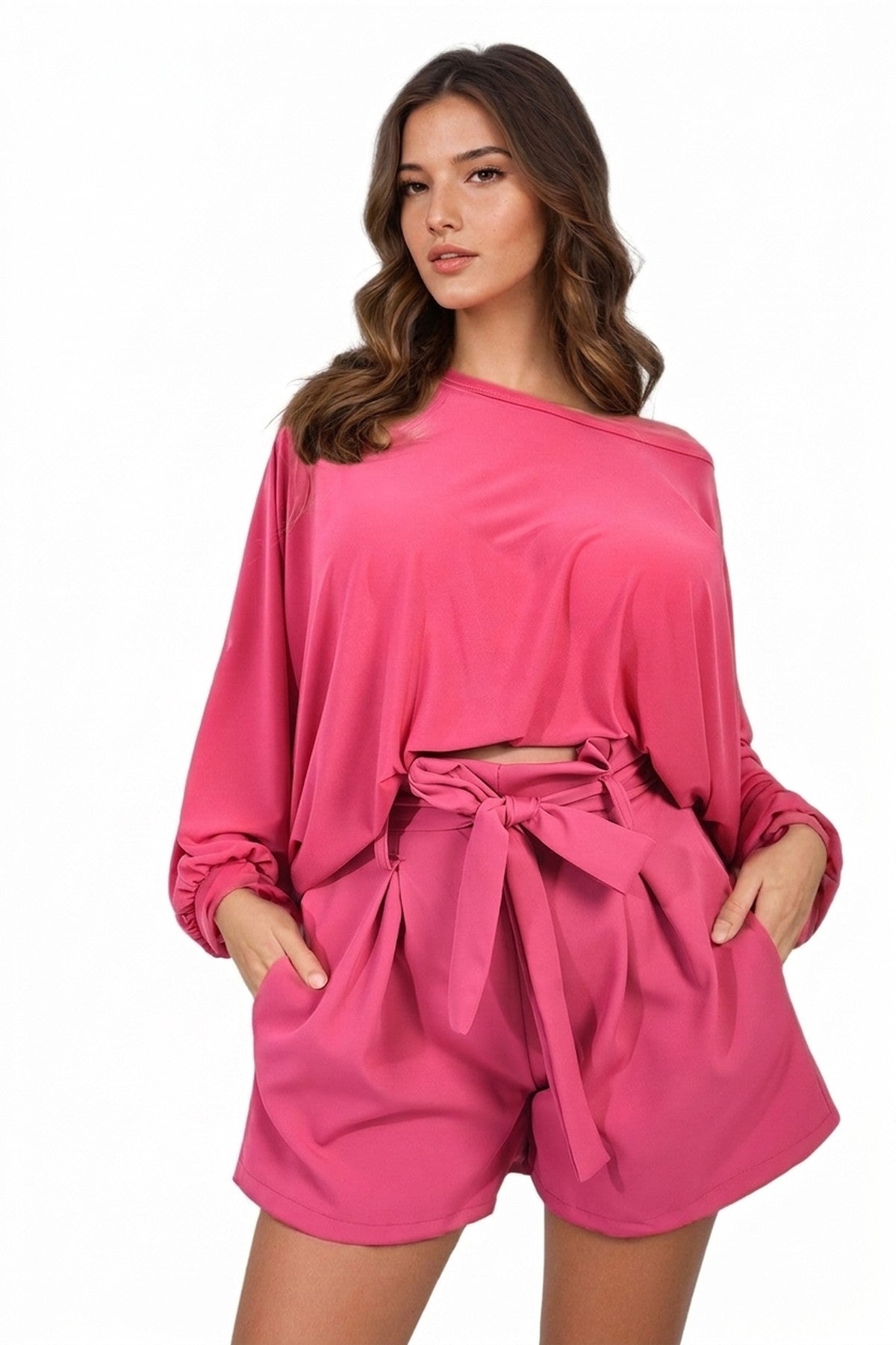 Azalea High Waist Tie Belt Paper Bag Shorts - Fuschia
