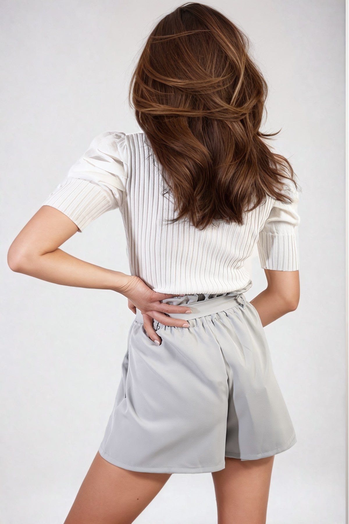 Azalea High Waist Tie Belt Paper Bag Shorts - Grey