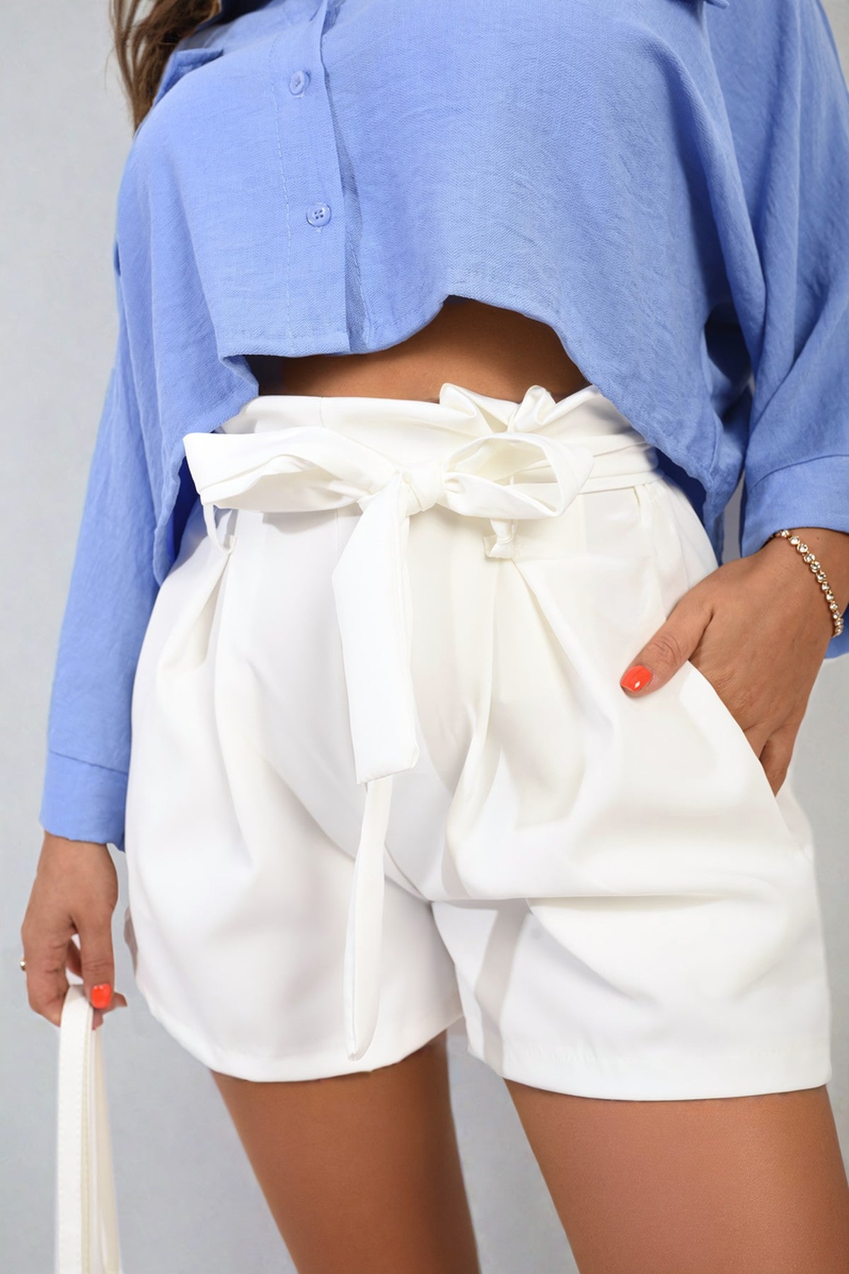 Azalea High Waist Tie Belt Paper Bag Shorts - White