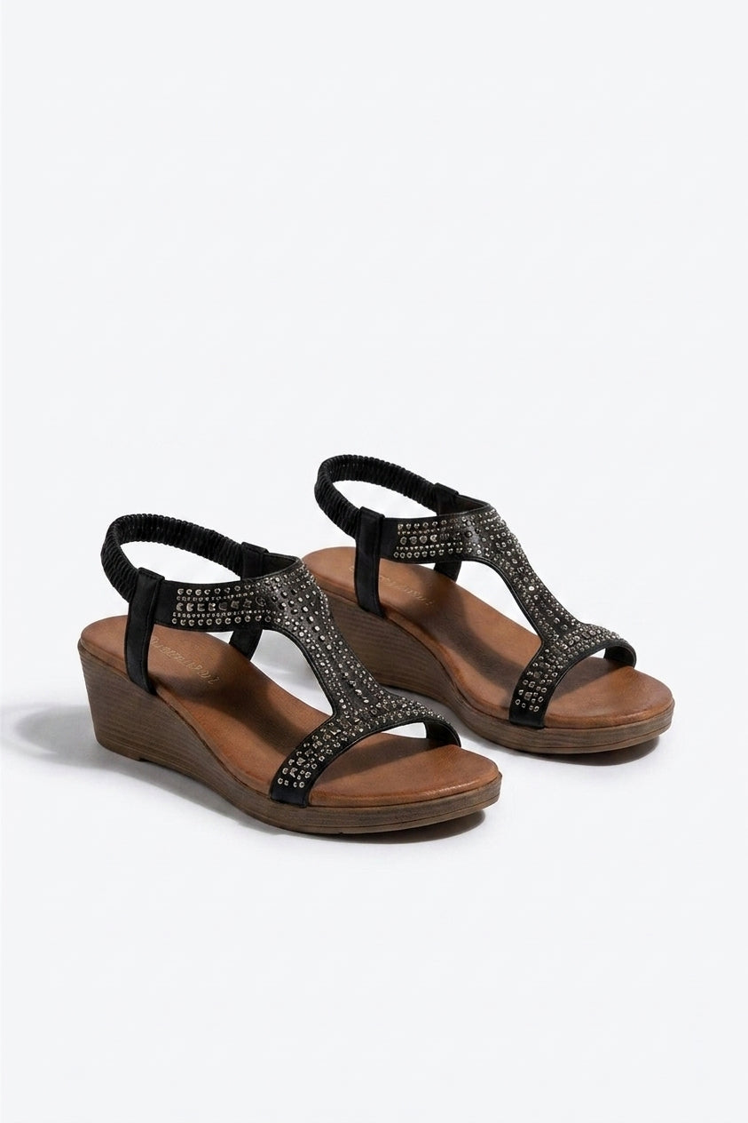 Violet Beaded Lattice Wedge Sandals - Black