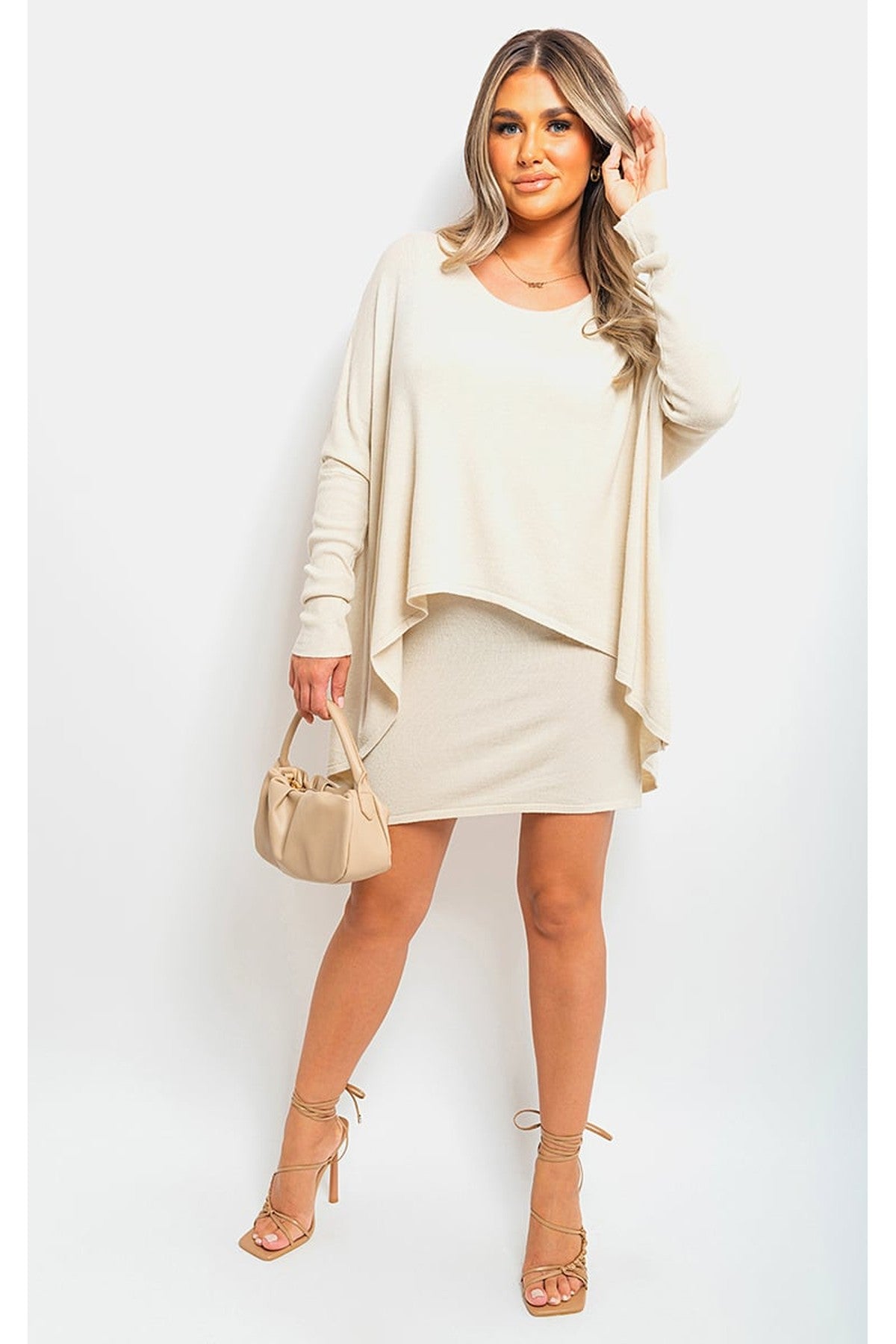 Joanna Oversized Long Sleeve Asymmetric Mini Dress - Beige