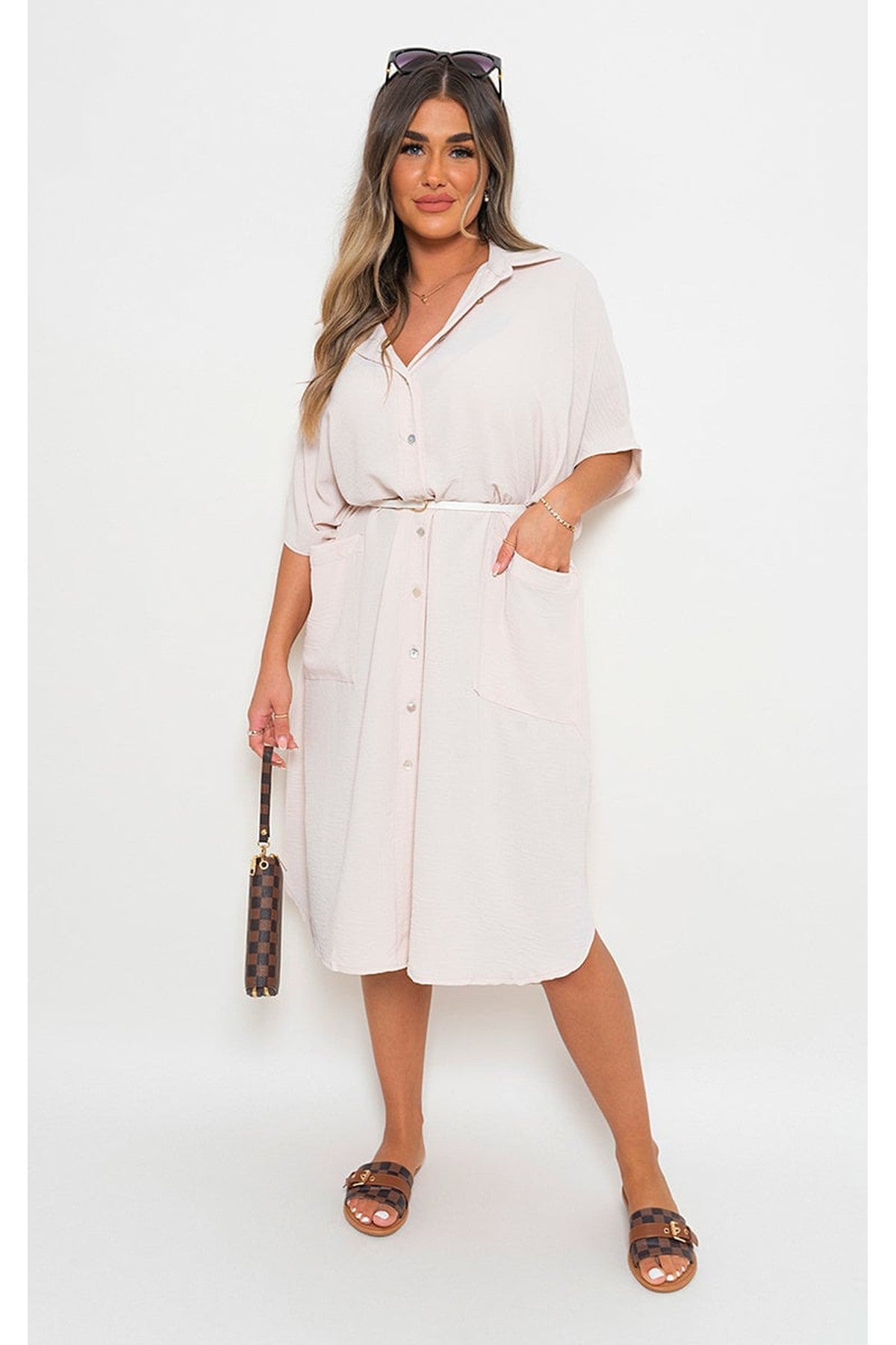 Nancy Button Down Collared Midi Dress With Two Front Pockets - Beige