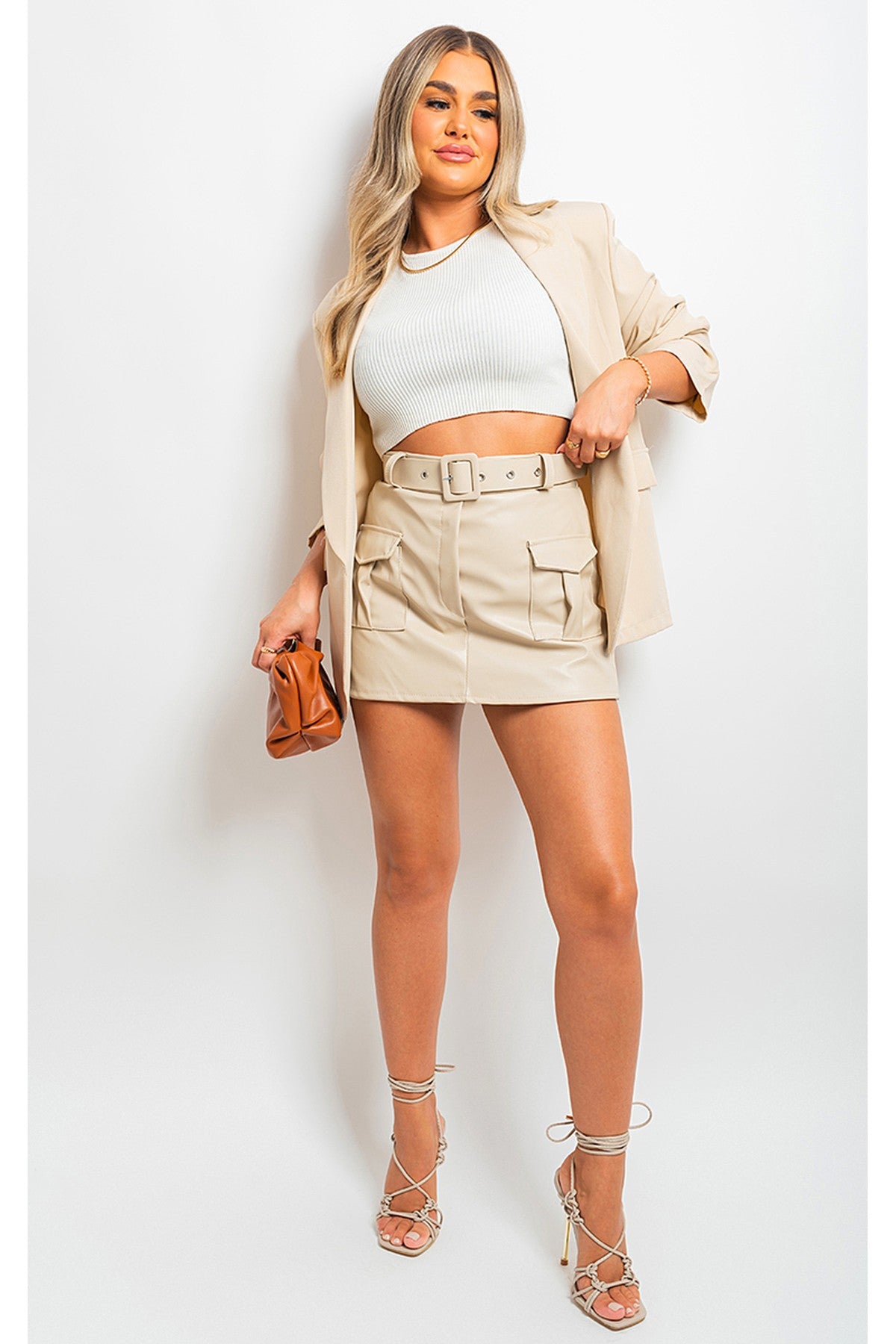 Luisa Faux Leather Pocket Belted Cargo Skort - Beige