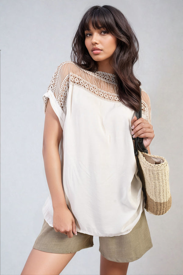 Sylvia Lace Insert Round Neck Hollow Top - Beige