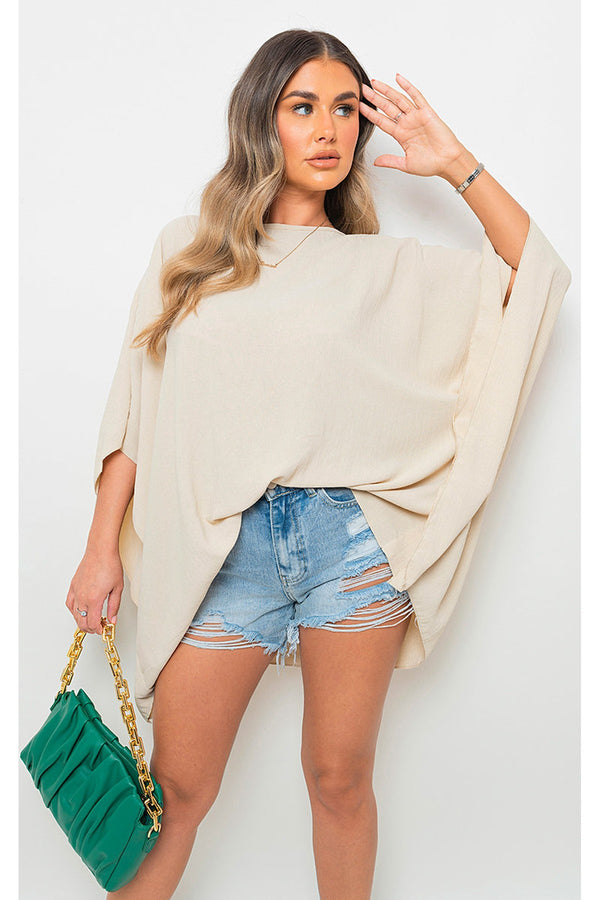 Fatima Oversized Batwing Sleeve Casual Tops - Beige