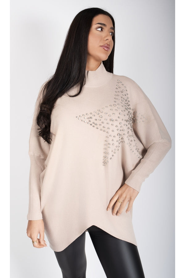 Jaira Oversized Knitted Jumper With Studded Star Detail - Beige
