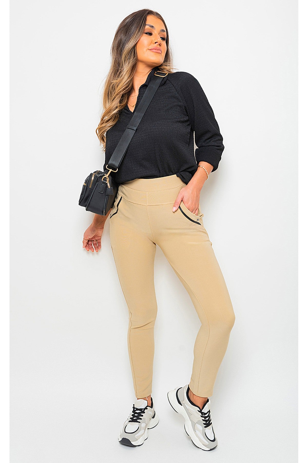 Carmela High Waist Double Band Pocket Leggings - Beige
