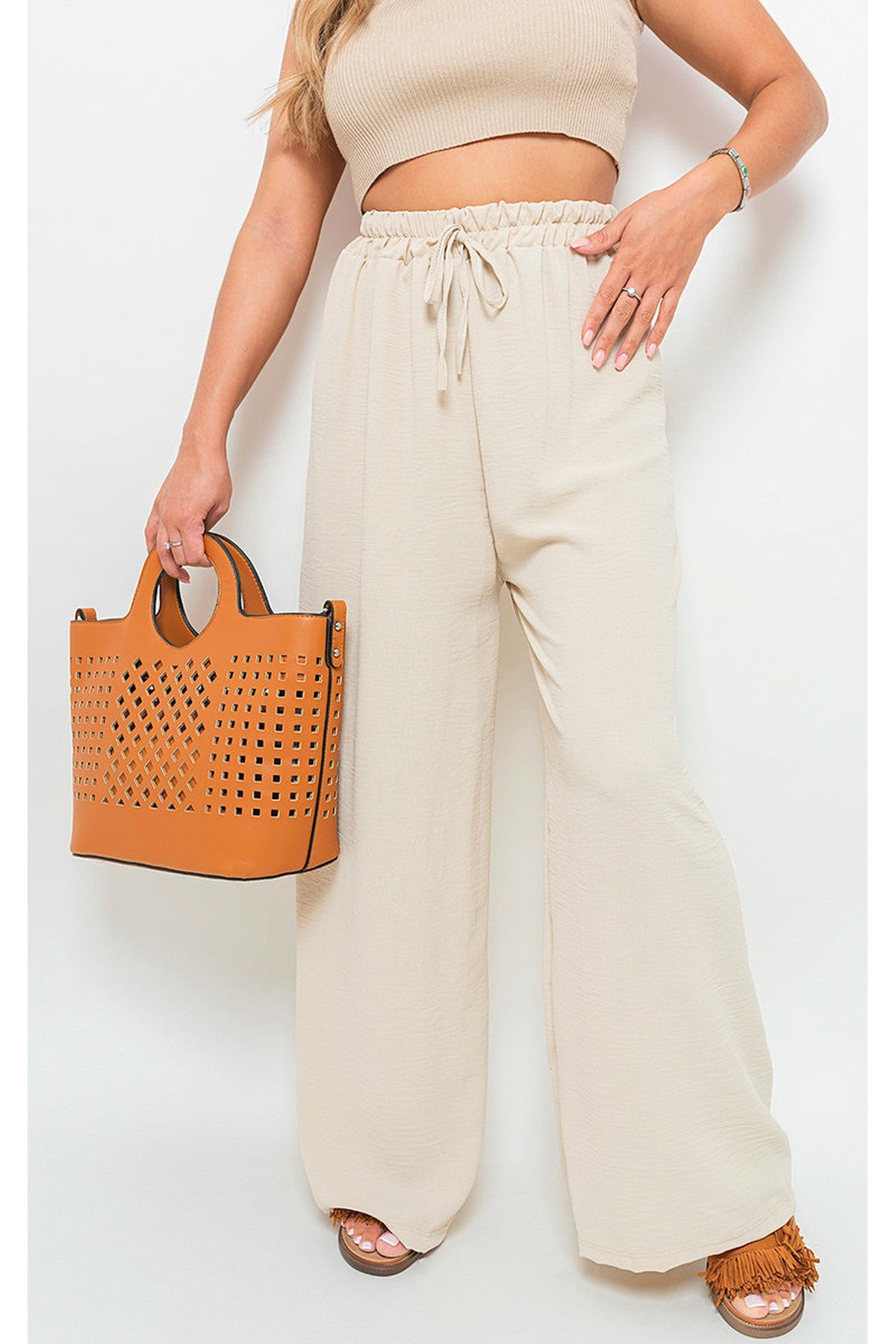 Mollie Drawstring Gathered Waist Wide Leg Trouser - Beige