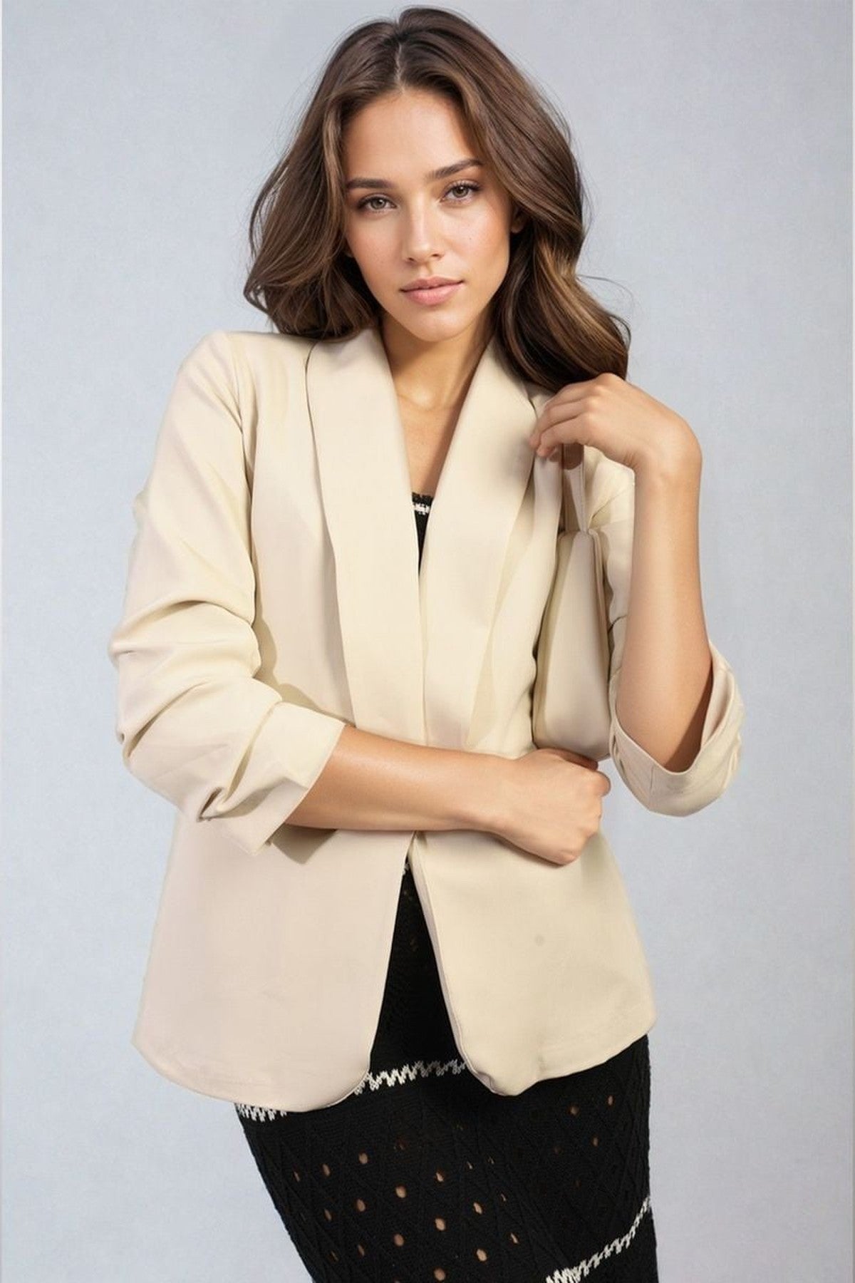 Valerie Ruched Sleeve Open Front Blazer Jacket With Front Pockets - Beige