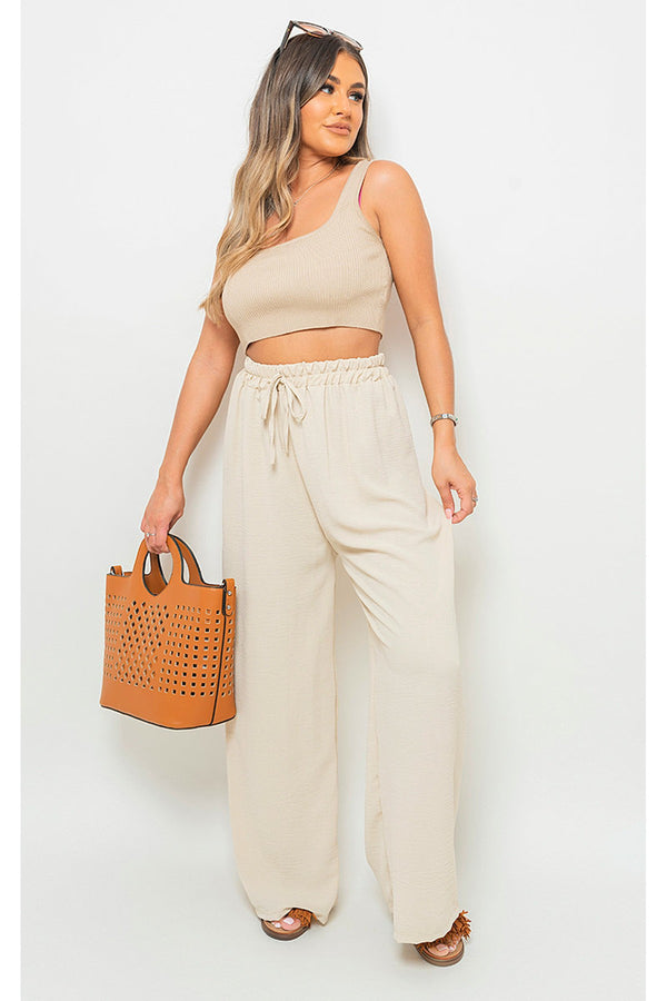 Mollie Drawstring Gathered Waist Wide Leg Trouser - Beige