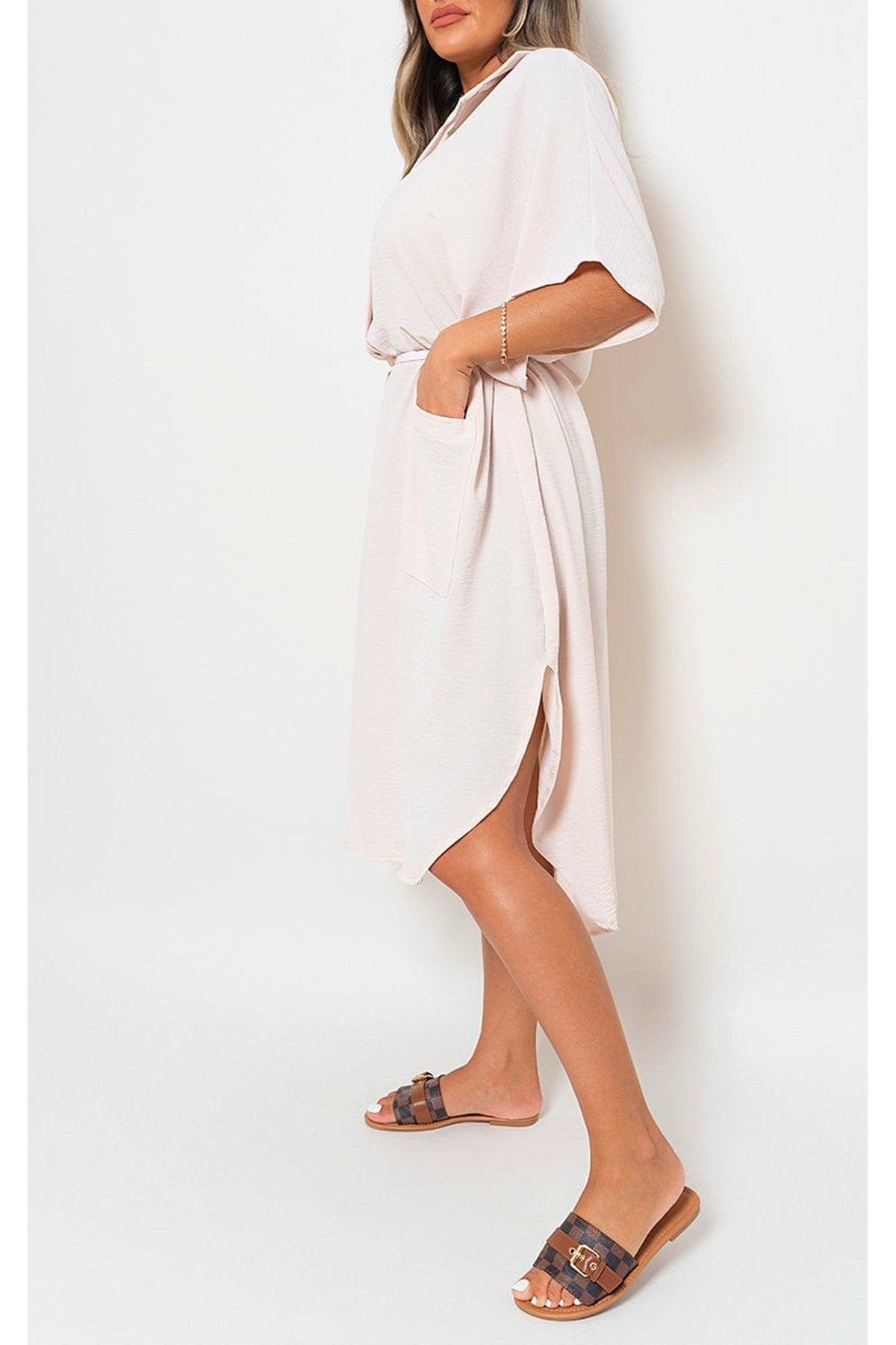 Nancy Button Down Collared Midi Dress With Two Front Pockets - Beige