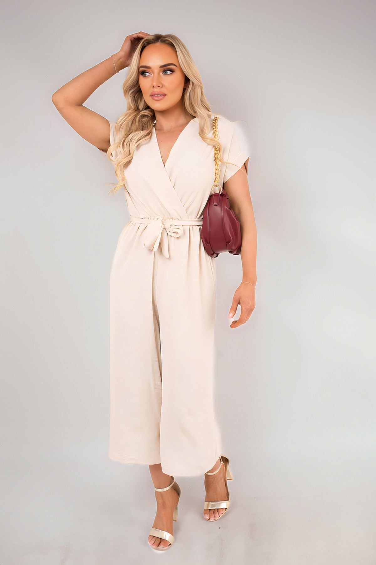 Nerina Wrap Short Sleeve Wide Leg Jumpsuit With Tie Waist - Beige