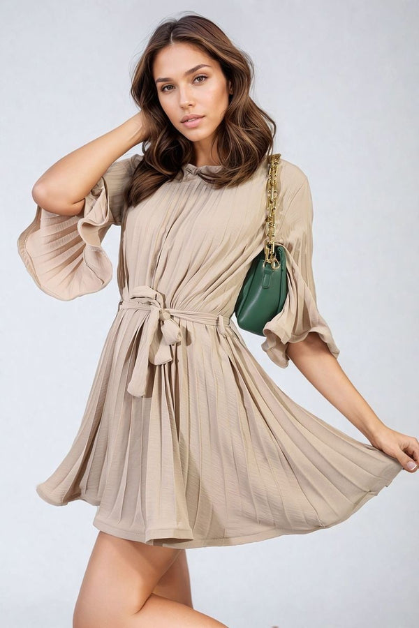 Carmen Pleated Tie Waist Mini Dress - Beige