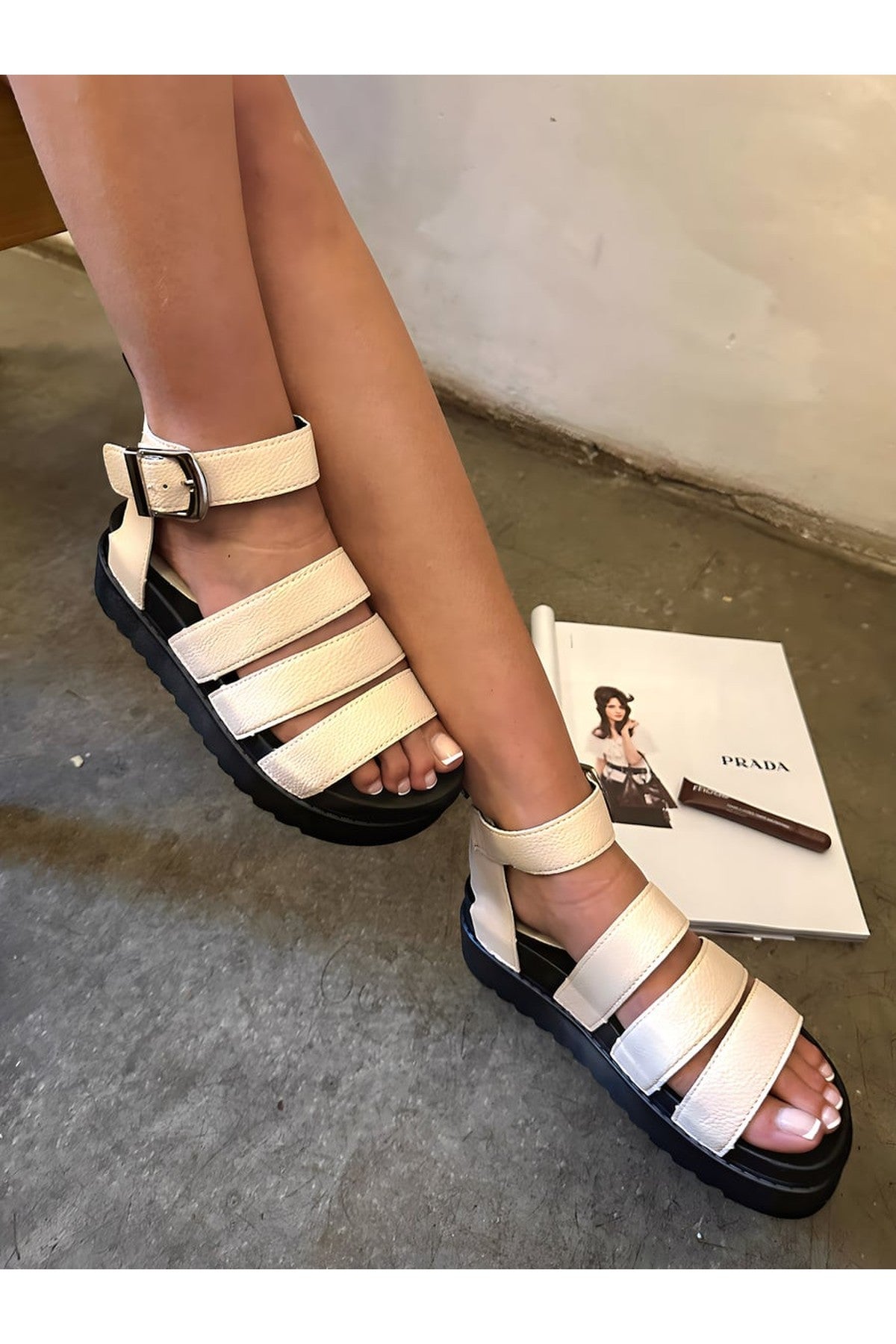 Callie Strappy Gladiator Chunky Sandals - Beige