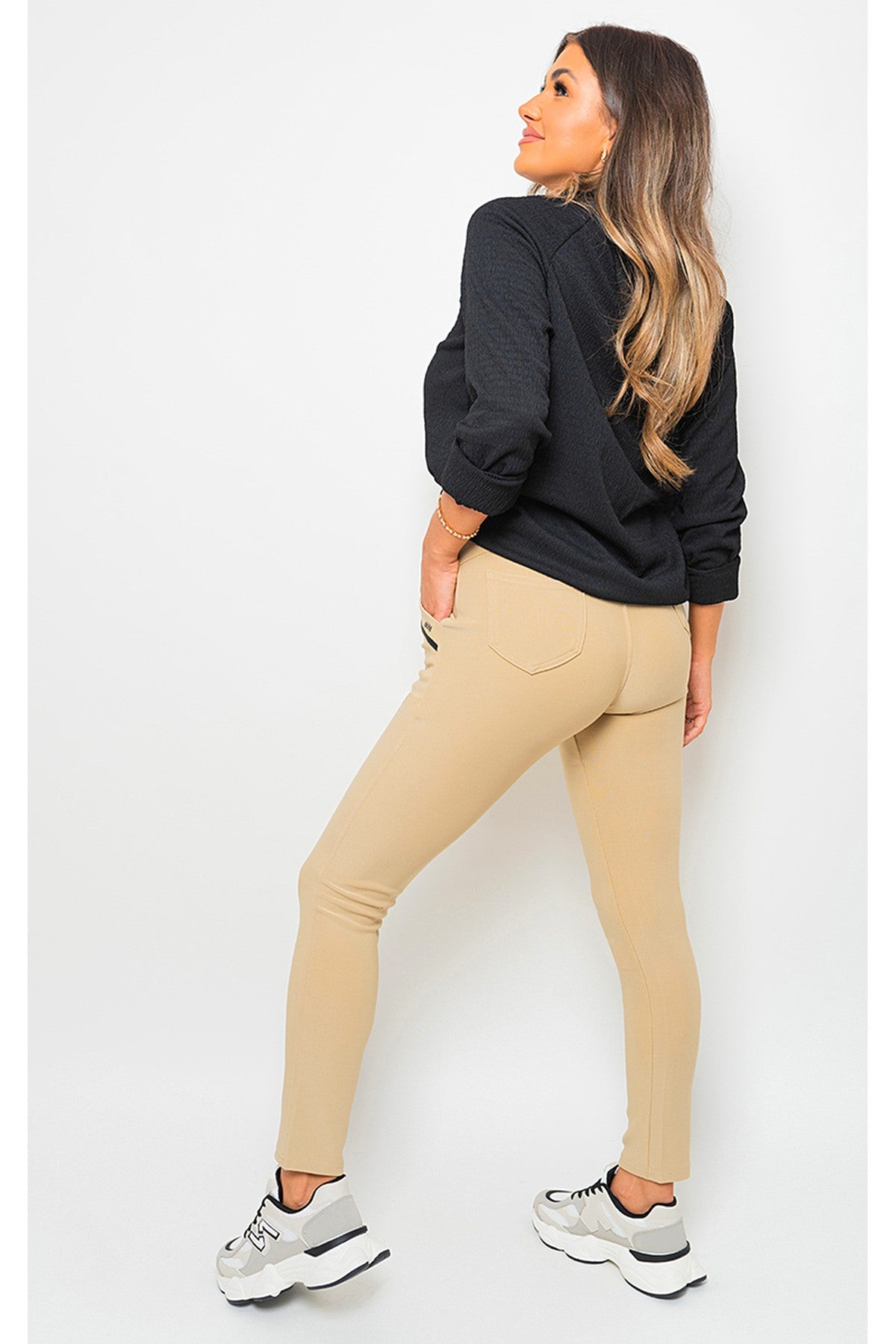 Carmela High Waist Double Band Pocket Leggings - Beige