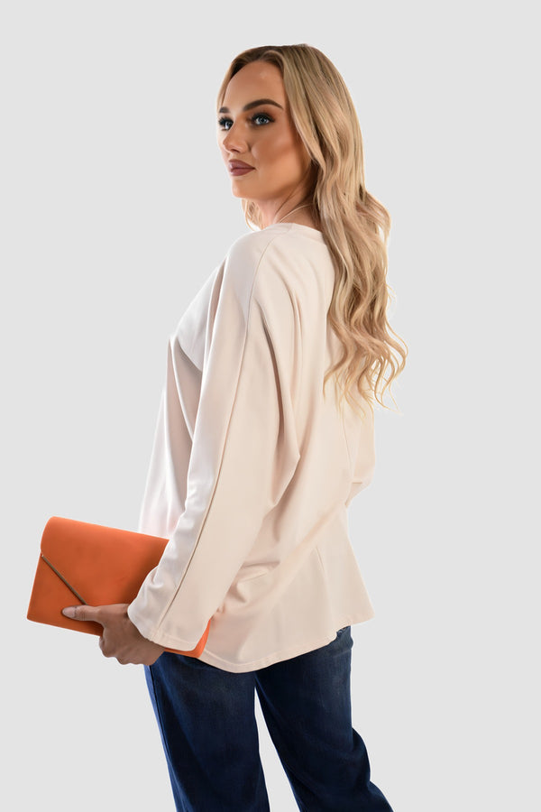 Emmy Casual Long Sleeve Loose Fit Top - Beige
