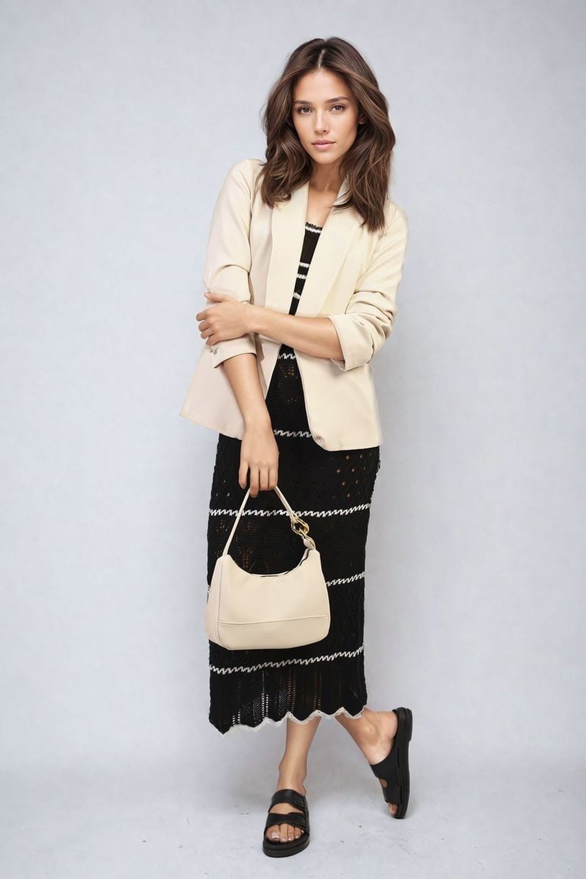 Valerie Ruched Sleeve Open Front Blazer Jacket With Front Pockets - Beige