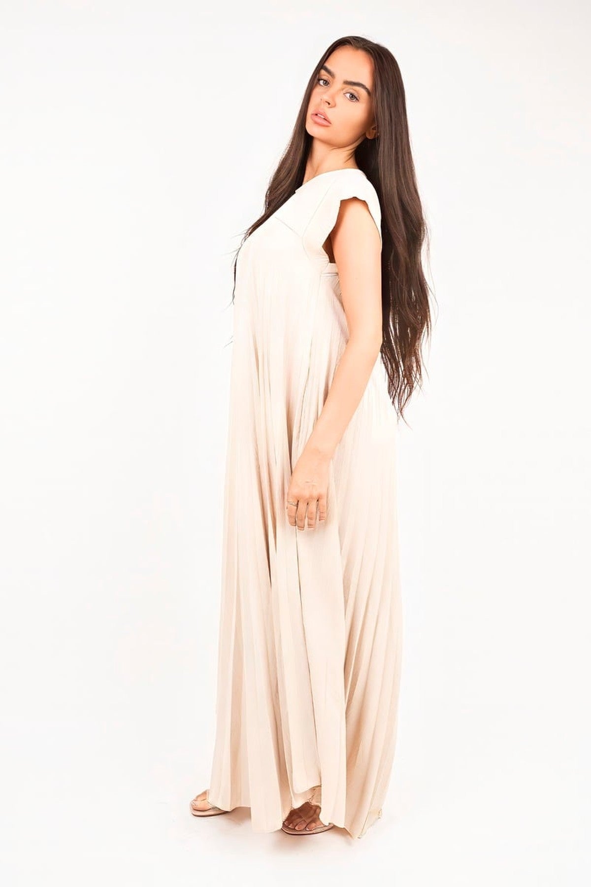 Sarina Pleated Cap Sleeve Maxi Dress - Beige