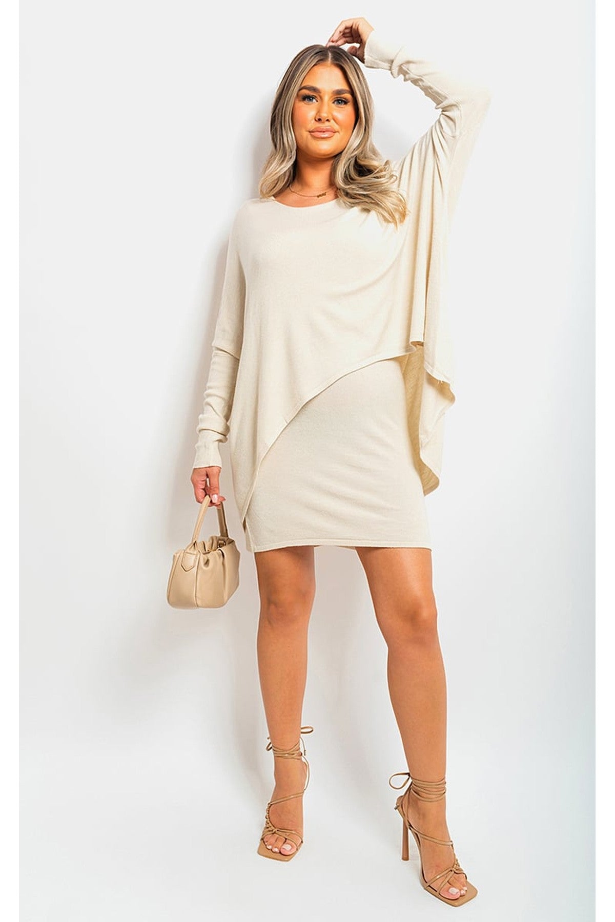 Joanna Oversized Long Sleeve Asymmetric Mini Dress - Beige