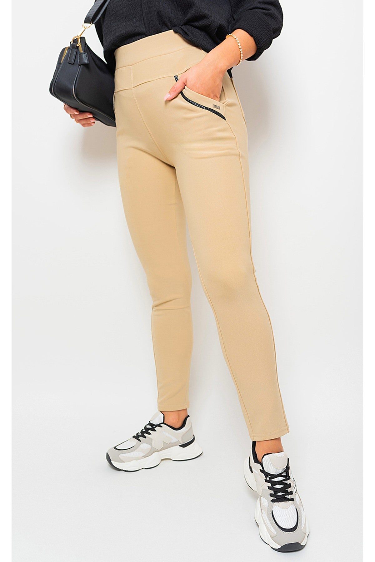 Carmela High Waist Double Band Pocket Leggings - Beige
