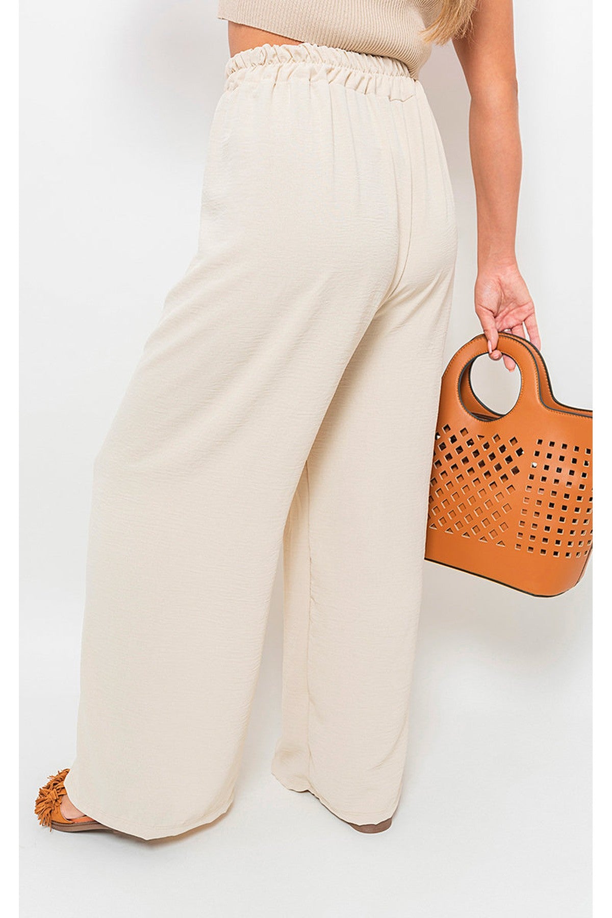 Mollie Drawstring Gathered Waist Wide Leg Trouser - Beige