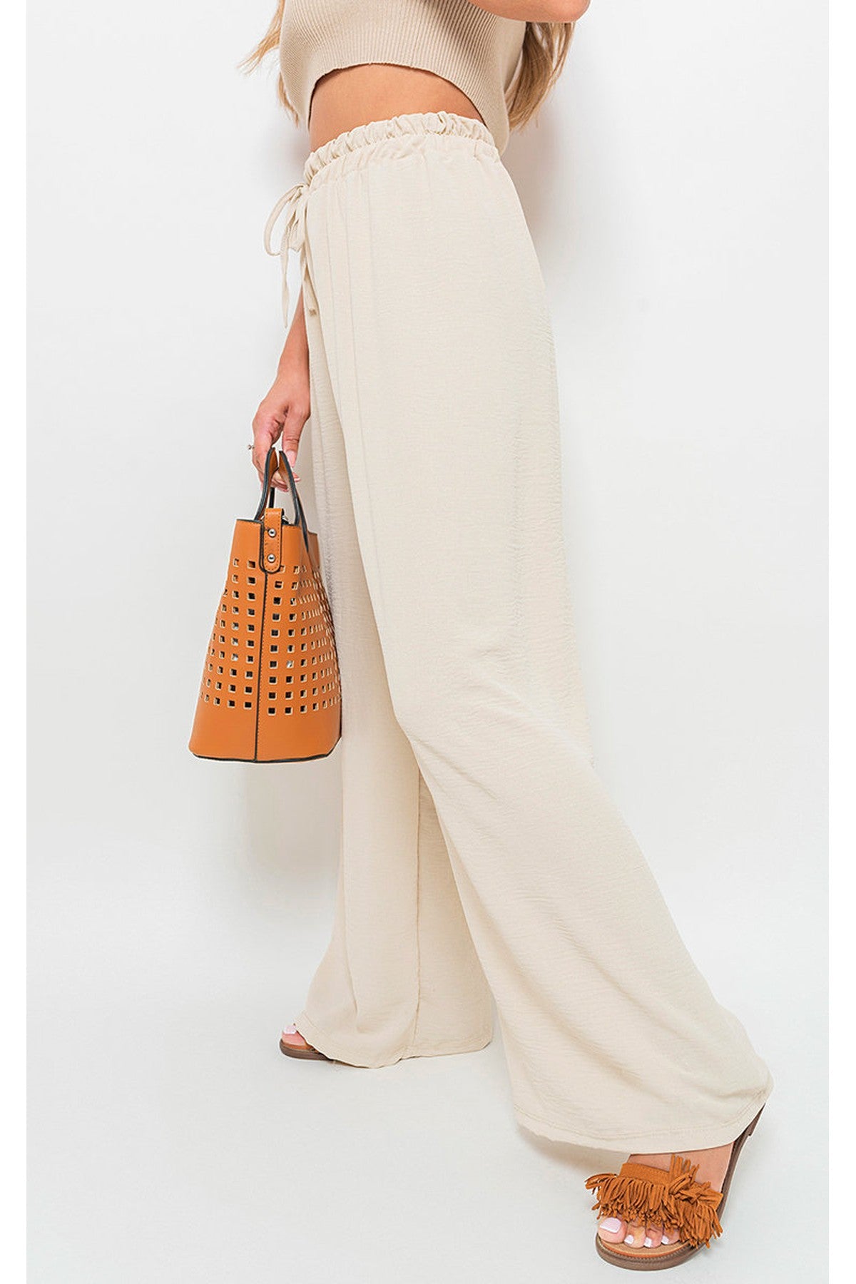 Mollie Drawstring Gathered Waist Wide Leg Trouser - Beige