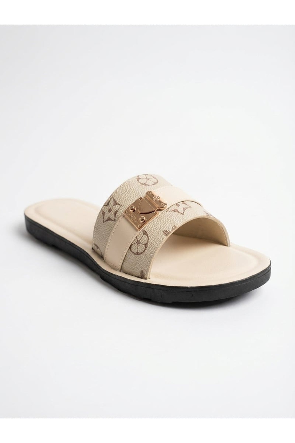 Amber Patterned Slider Sandals - Beige