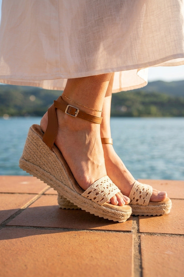 Pearl Crochet Strap Espadrille Wedge Sandals - Beige