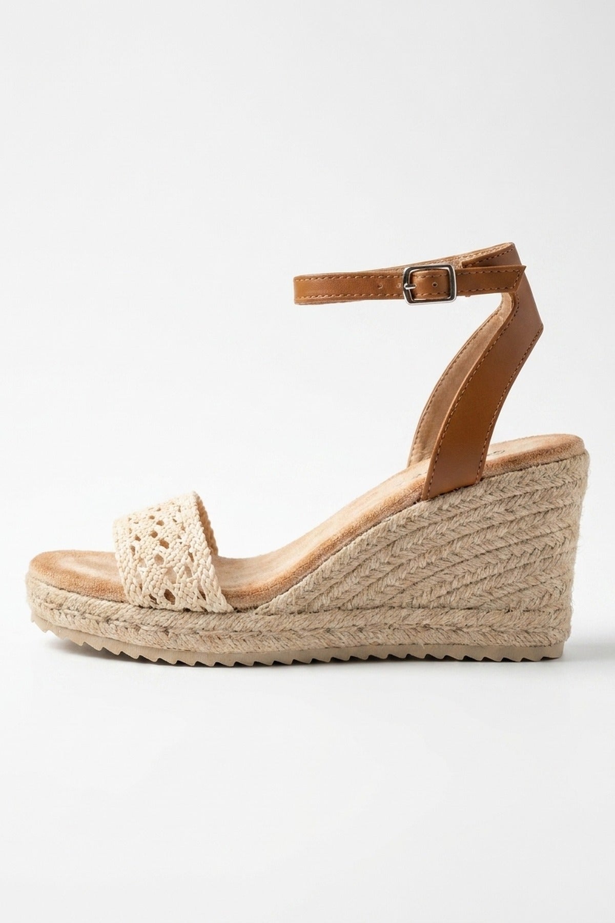 Pearl Crochet Strap Espadrille Wedge Sandals - Beige