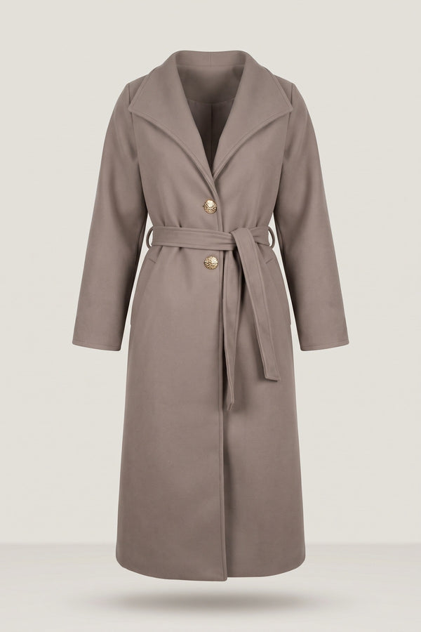 Marelle Belted Longline Coat With Button Detail - Mocha