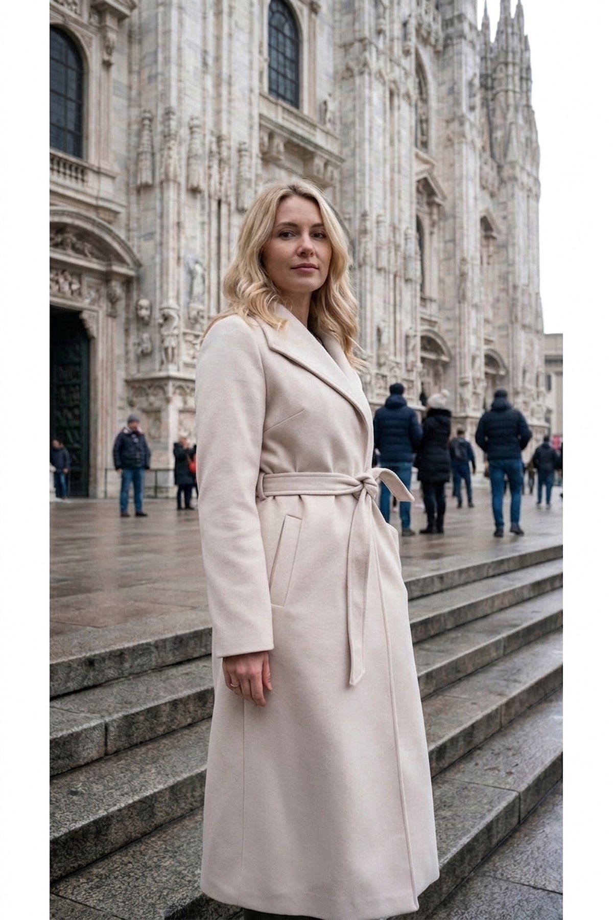 Marelle Belted Longline Coat With Button Detail - Beige_wb