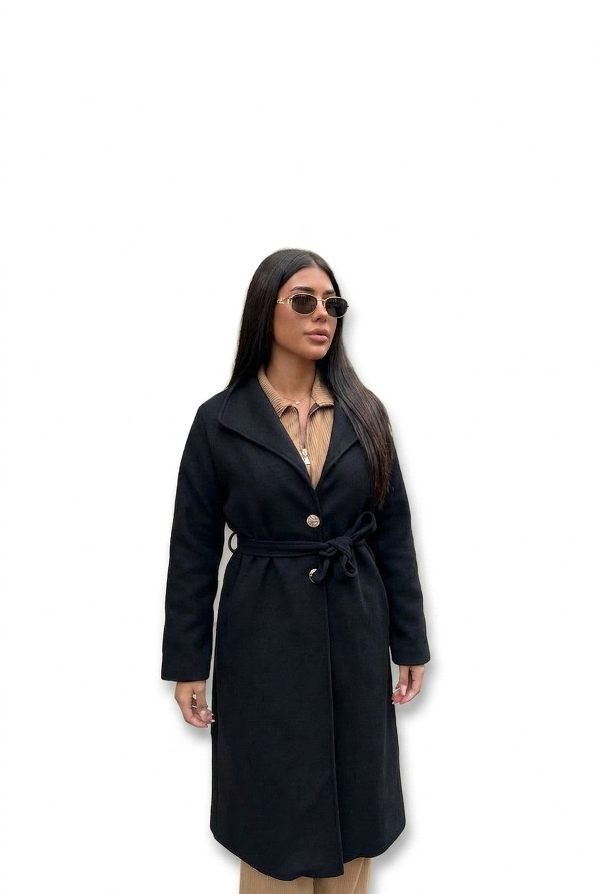 Marelle Belted Longline Coat With Button Detail - Black_wb