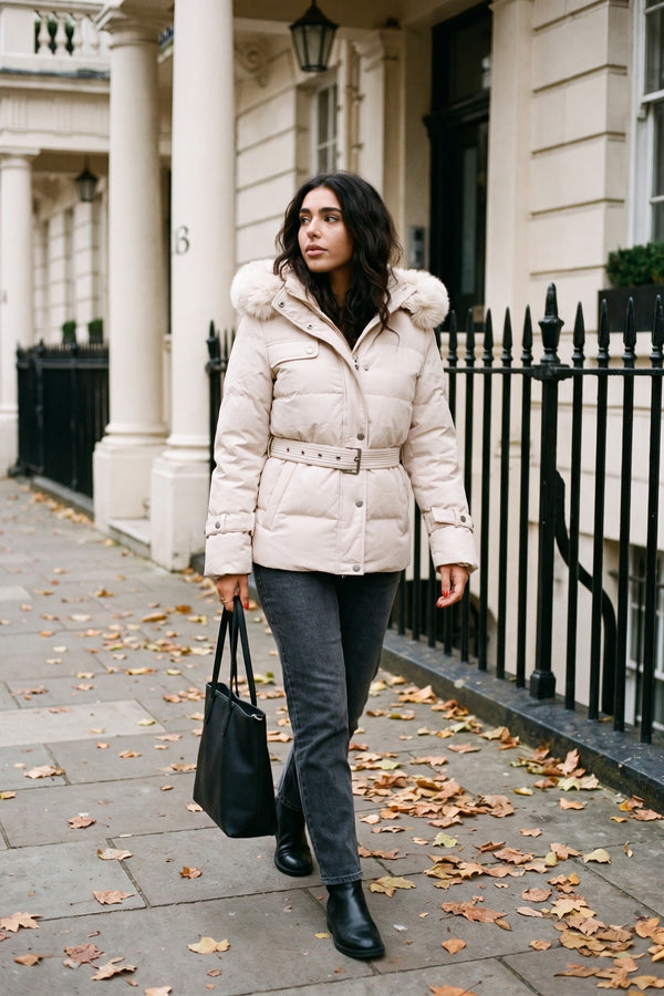 Serelina Belted Puffer Jacket With Faux Fur Hood - Beige