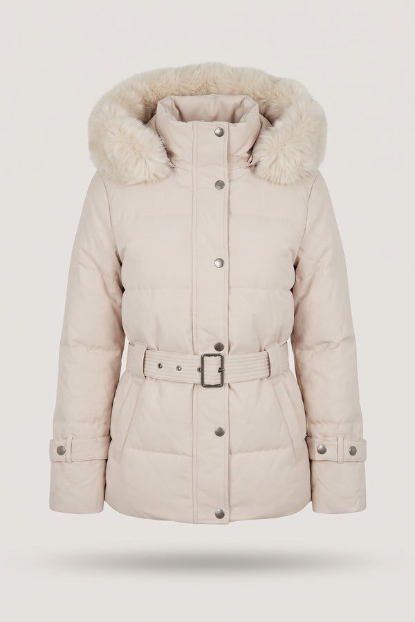 Serelina Belted Puffer Jacket With Faux Fur Hood - Beige