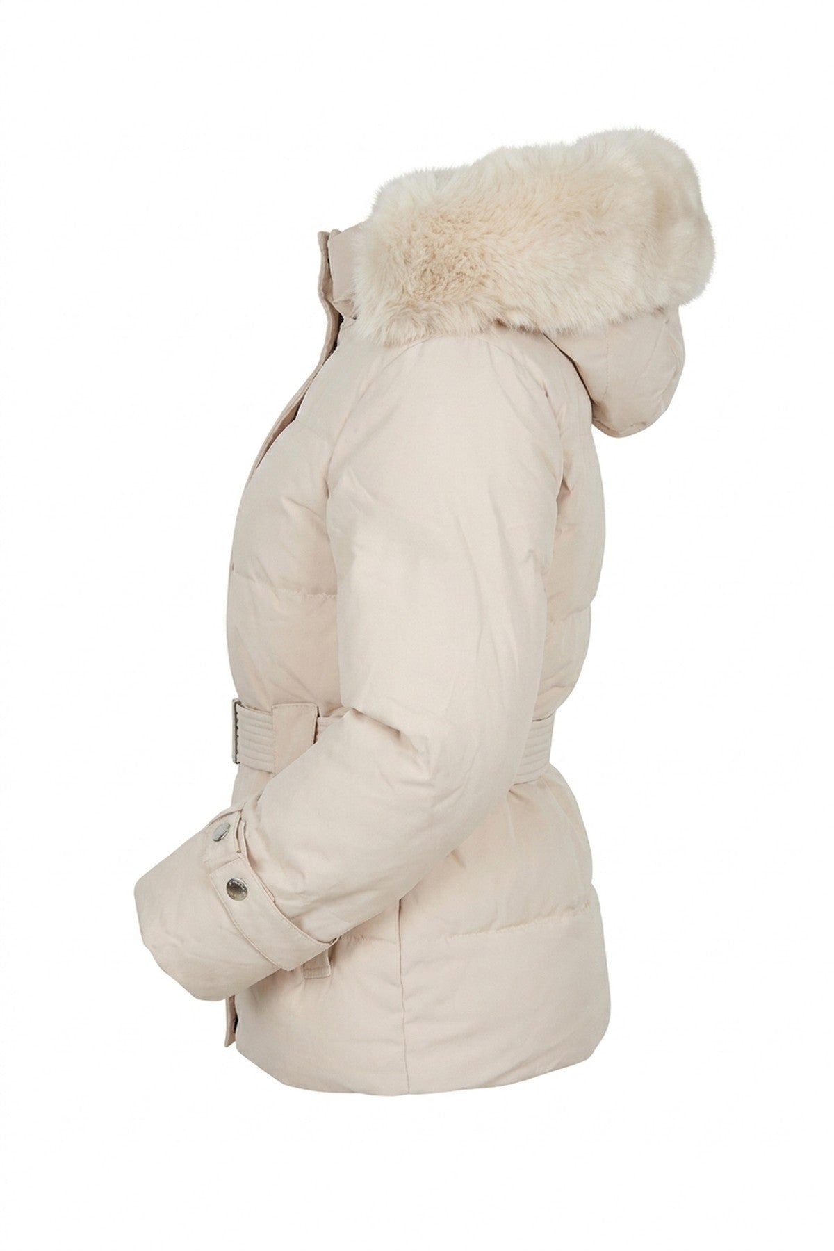 Serelina Belted Puffer Jacket With Faux Fur Hood - Beige_wb