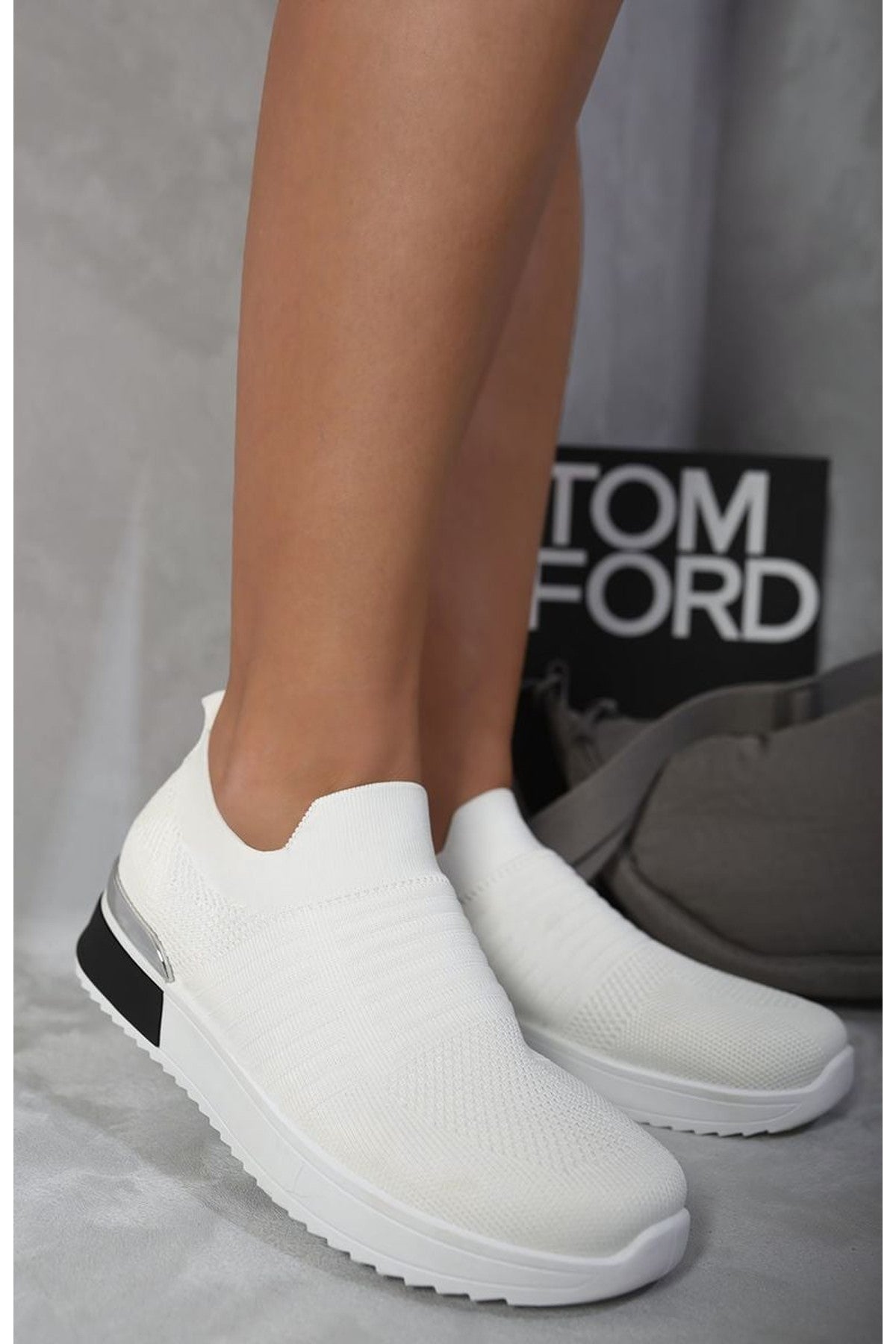 Bethany Slip On Sock Wedge Trainers - White