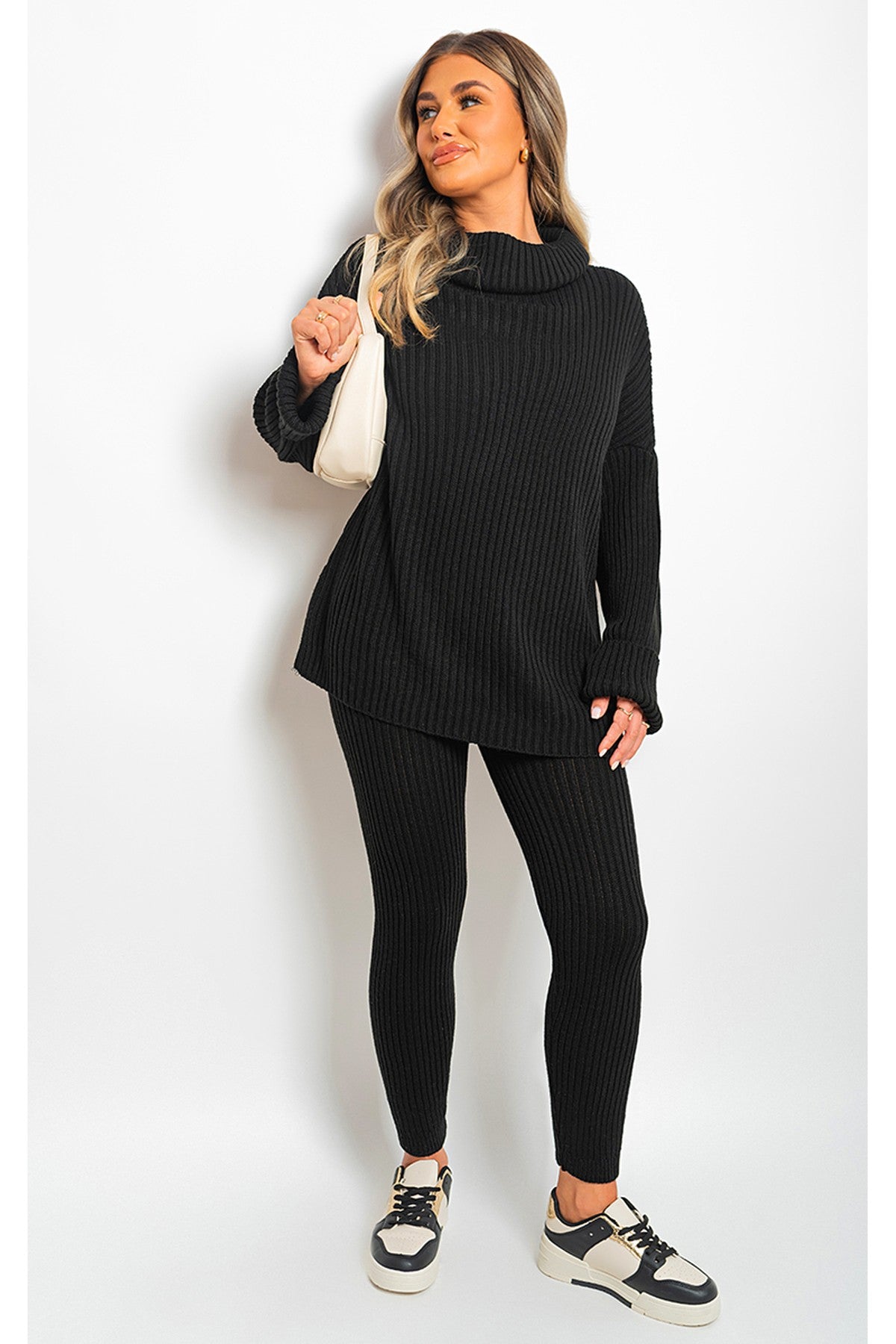 Mila Chunky Knitted High Roll Neck Top Bottom Co-ord Set - Black
